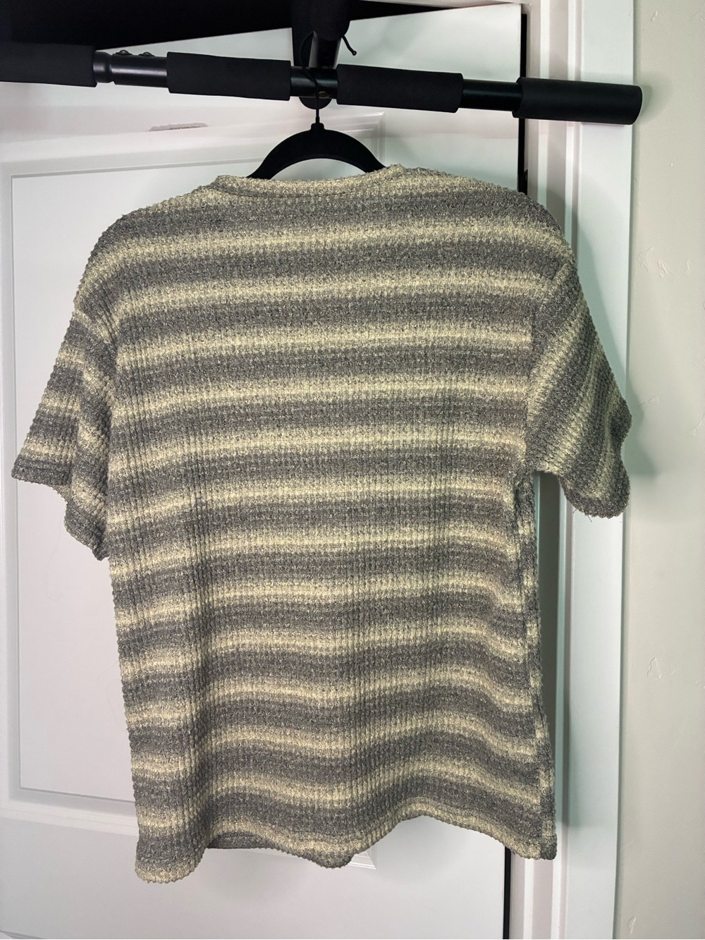 SHEIN Gray and Cream Striped Short-Sleeve Crewneck Sweater